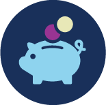 An icon representing Financial and Insurance Services, consisting of a piggybank with two non-denominational coins dropping into it