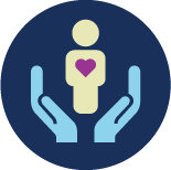 Icon representing Mental Healthcare, consisting of two caring hands encompassing a symbol of a person with a heart in the middle